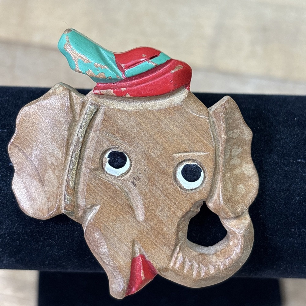 Vintage 1941 Hand Carved Wood Elephant Brooch Pin Painted Folk Art Christmas